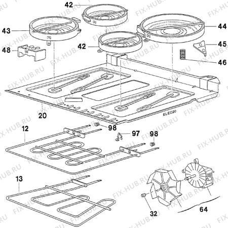 Взрыв-схема плиты (духовки) Electrolux EK6462/2 - Схема узла Oven and Top functional parts